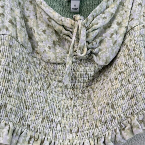 Sun Deh Green Floral Puff Sleeve Smocked Waist Cropped Blouse Womens Small - Picture 6 of 6
